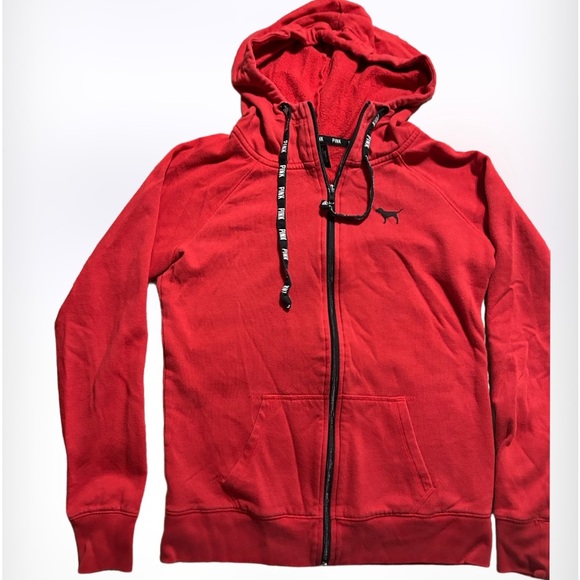 PINK Victoria’s Secret ❤️ RED Zip Up Hoody w/BLACK PUP 🐶 Logo SZ XS - Picture 2 of 4